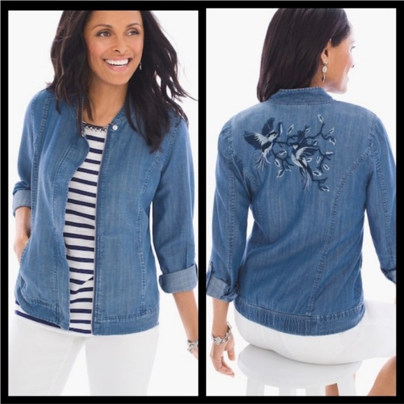 Chico's Jackets & Blazers - Chico’s Bird Embroidered Denim Jacket with Bird Embroidery Chambray Bomber